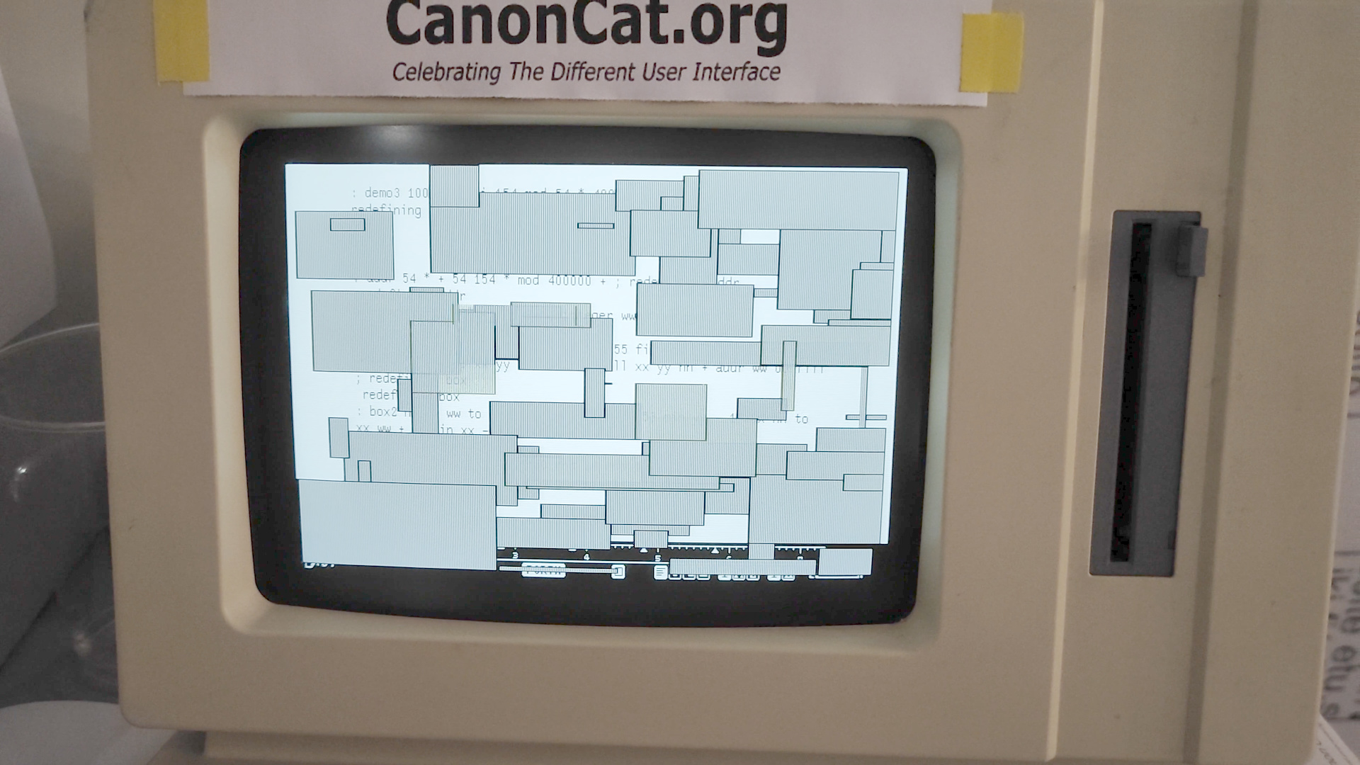 Canon Cat running a graphical demo at Alternative Party