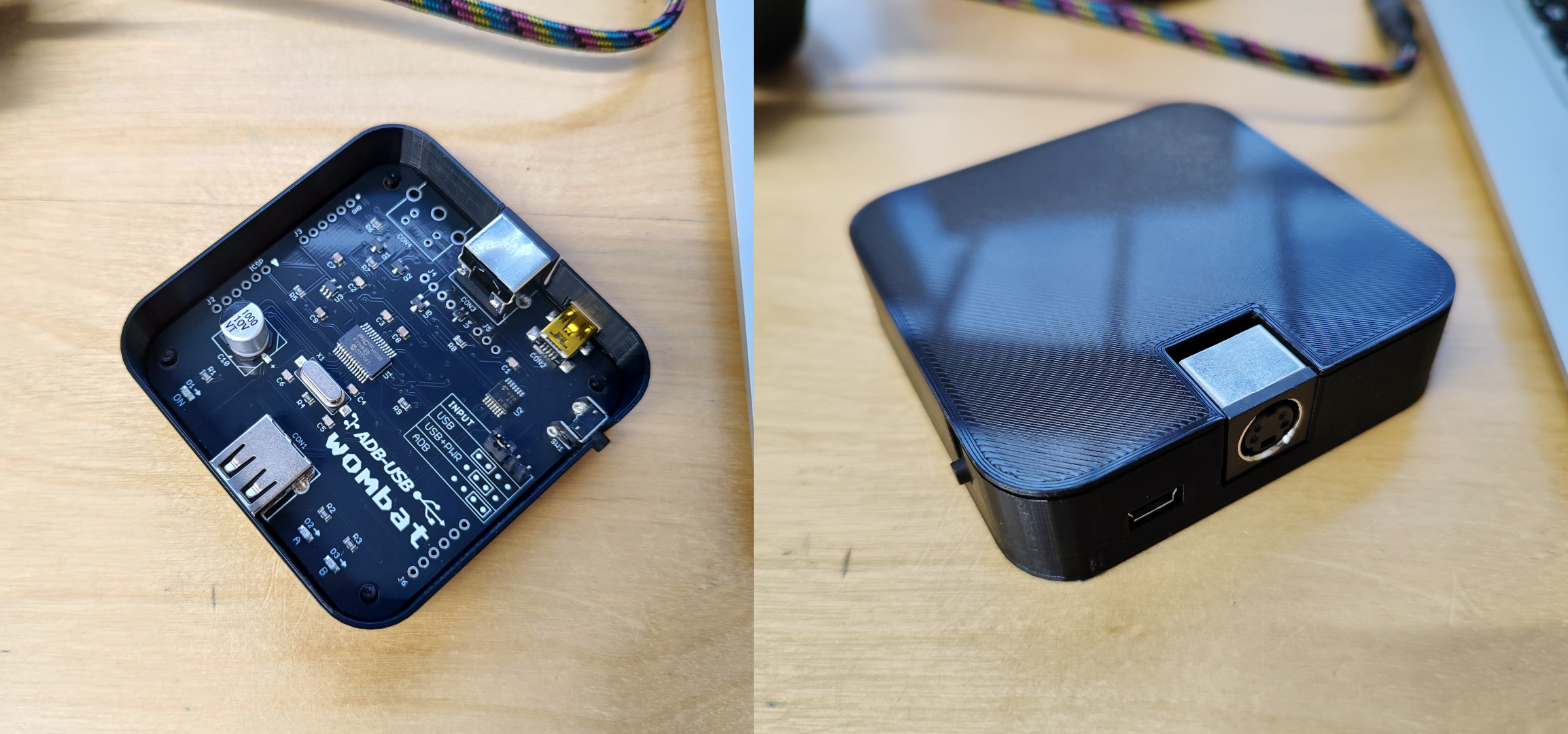 ADB-USB Wombat with the case open and closed